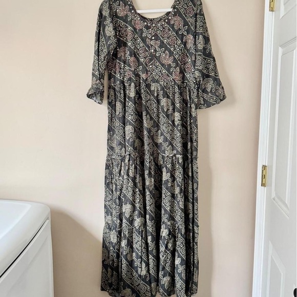 Dresses & Skirts - Indian cotton maxi dress XL gray red embroidery gold mirror boho pattern